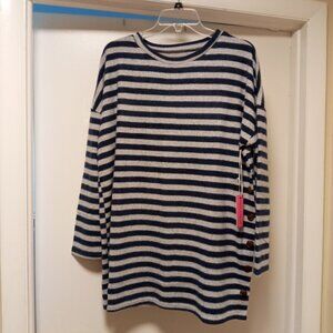 Simply Southern Striped Sweater Tunic with Buttons on Side Navy/Gray sz L NWT